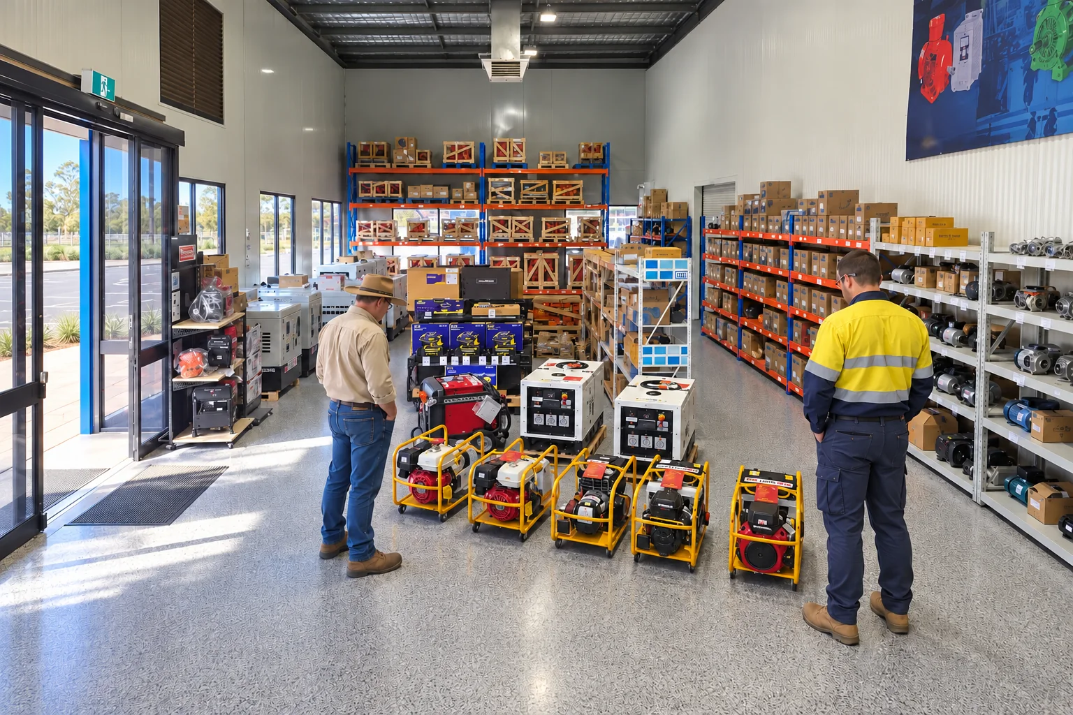 A Farmer and a Tradie Looking Over Powerlite Portable Generators in the Donaldson Electric Works Showroom