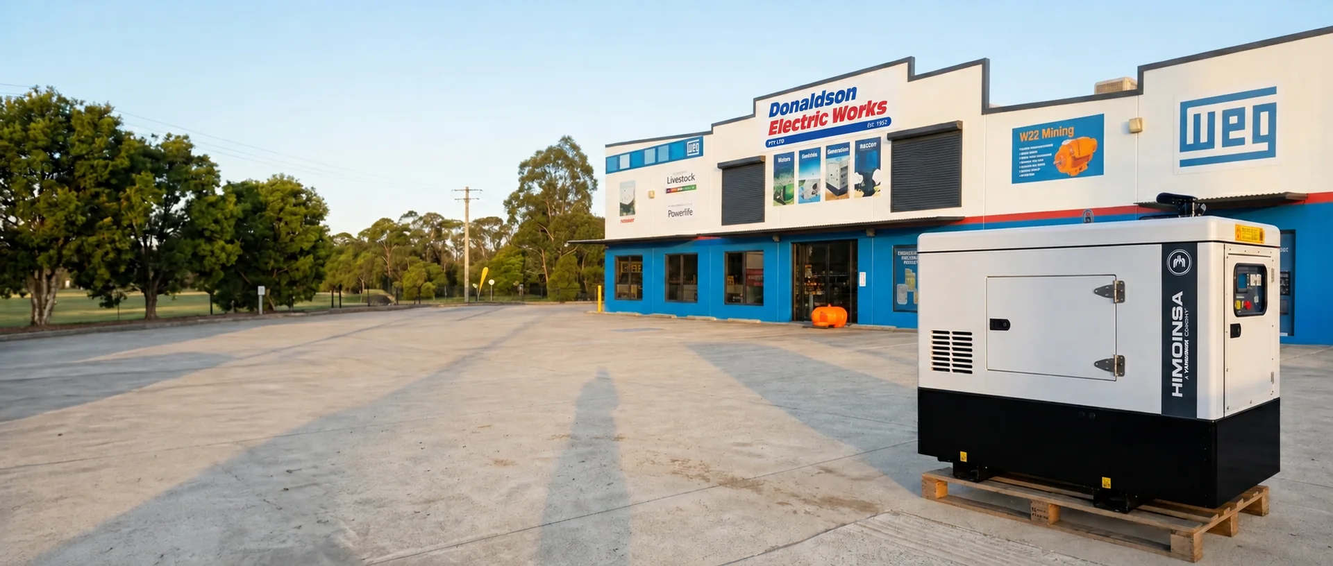 Himoinsa Silenced Diesel Generator on a Pallet Outside the Donaldson Electric Works Building in Toowoomba