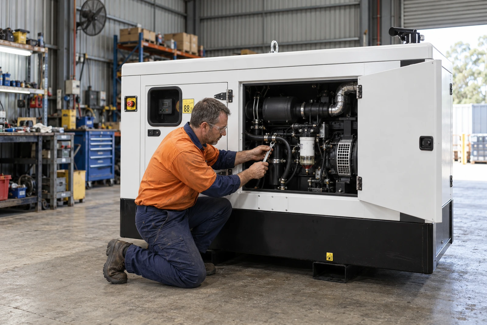 Technician Servicing a White Himoinsa Silenced Diesel Generator in a Workshop