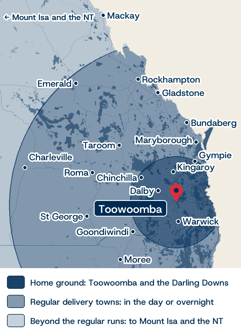 Road map of South and Central Queensland showing the areas Donaldson Electric Works supplies and services from Toowoomba, from the Darling Downs to the regular delivery towns