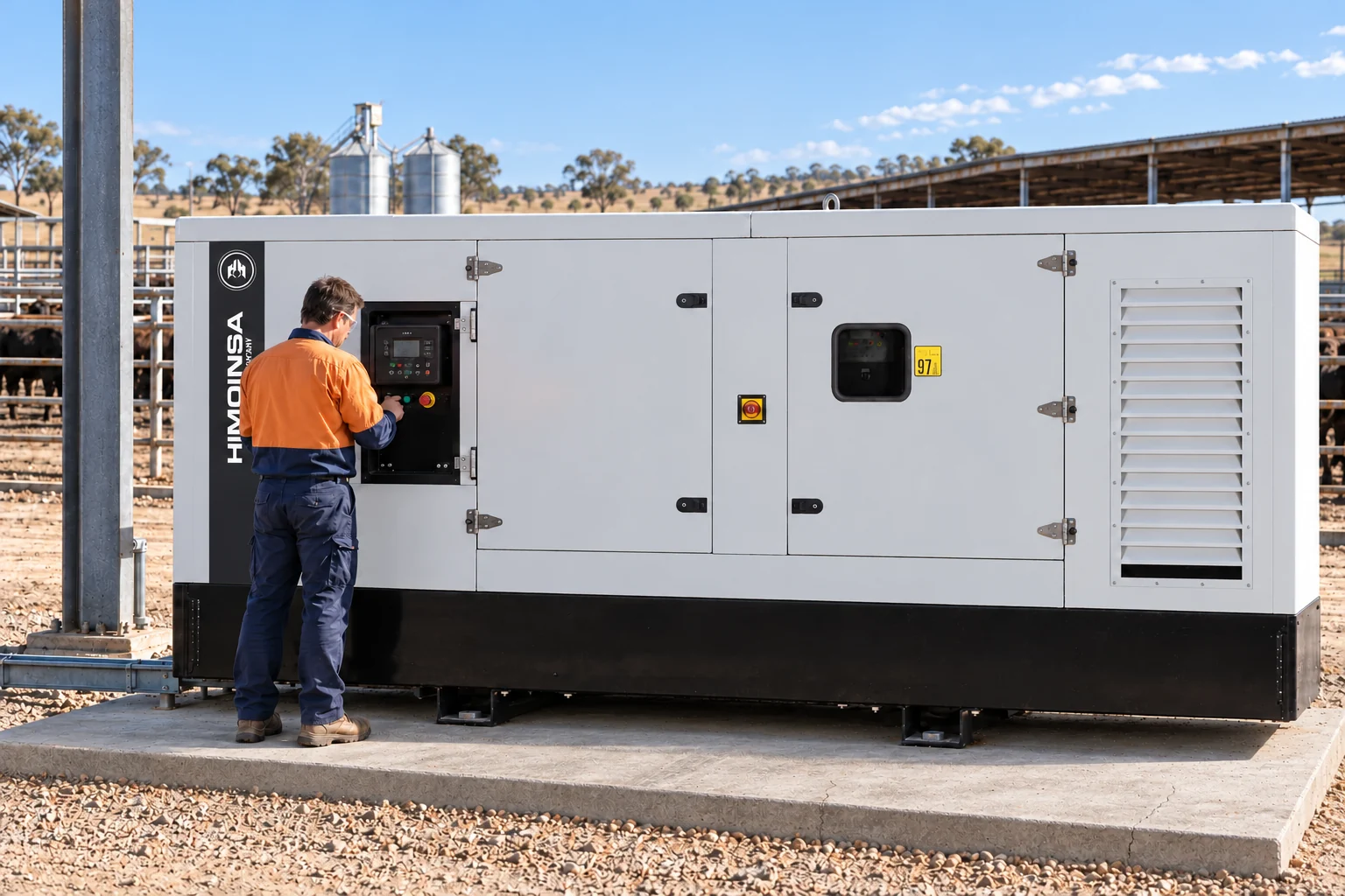 Donaldson Electric Works Technician Checking the Control Panel of a 400 kVA Himoinsa Silenced Generator at a Feedlot