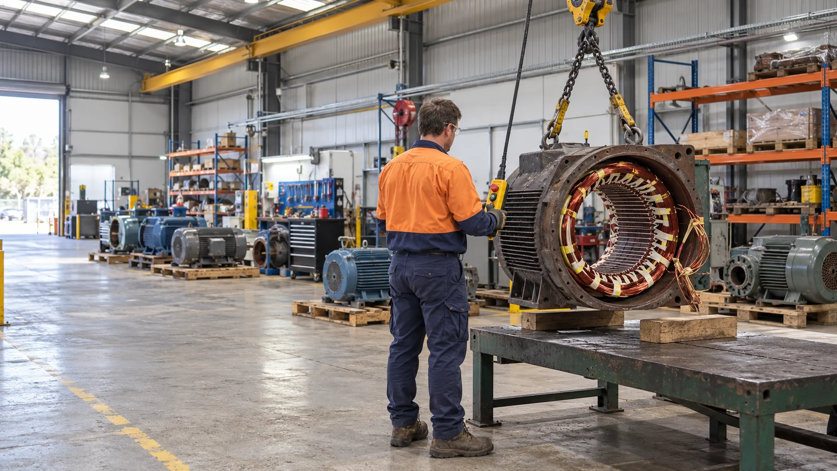 Donaldson Electric Works Technician Lifting a Rewound Motor Stator With the Workshop Crane