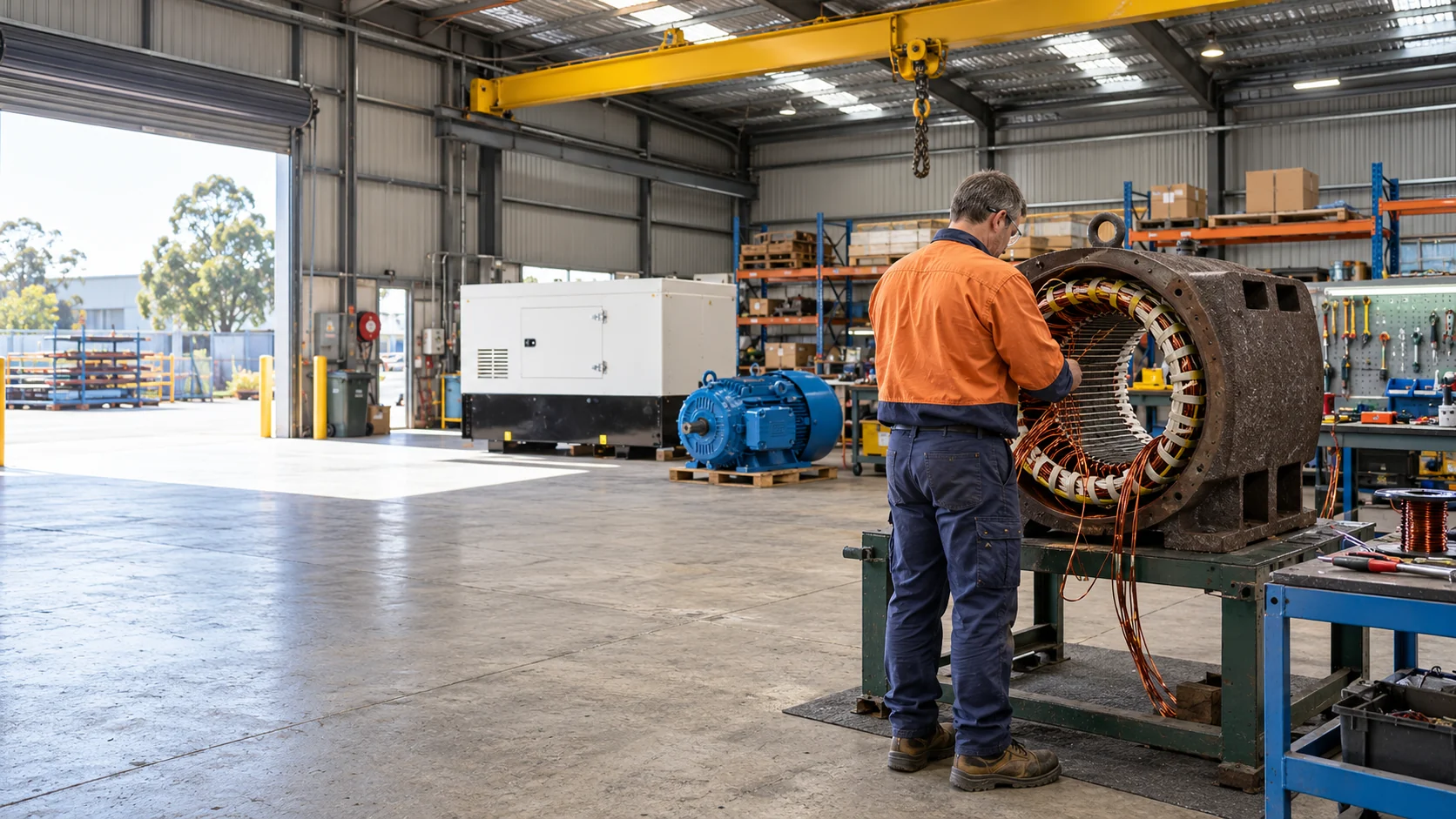 Technician Rewinding a Large Electric Motor Stator in the Donaldson Electric Works Workshop