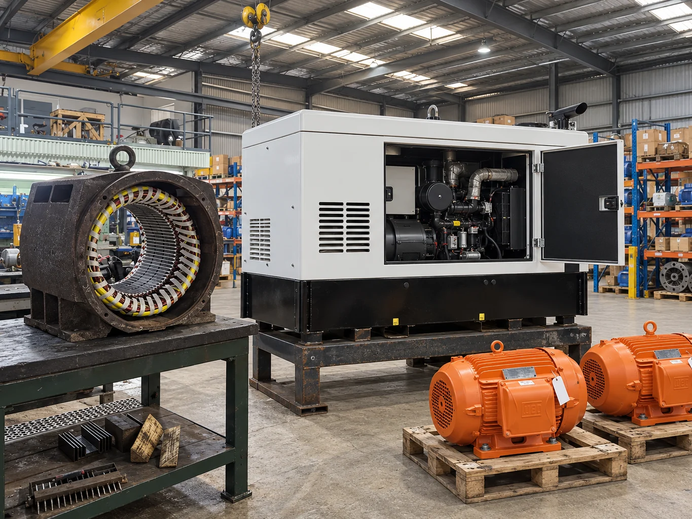 Silenced Generator Open for Service Beside a Rewound Stator and Tagged Motors in the Donaldson Workshop