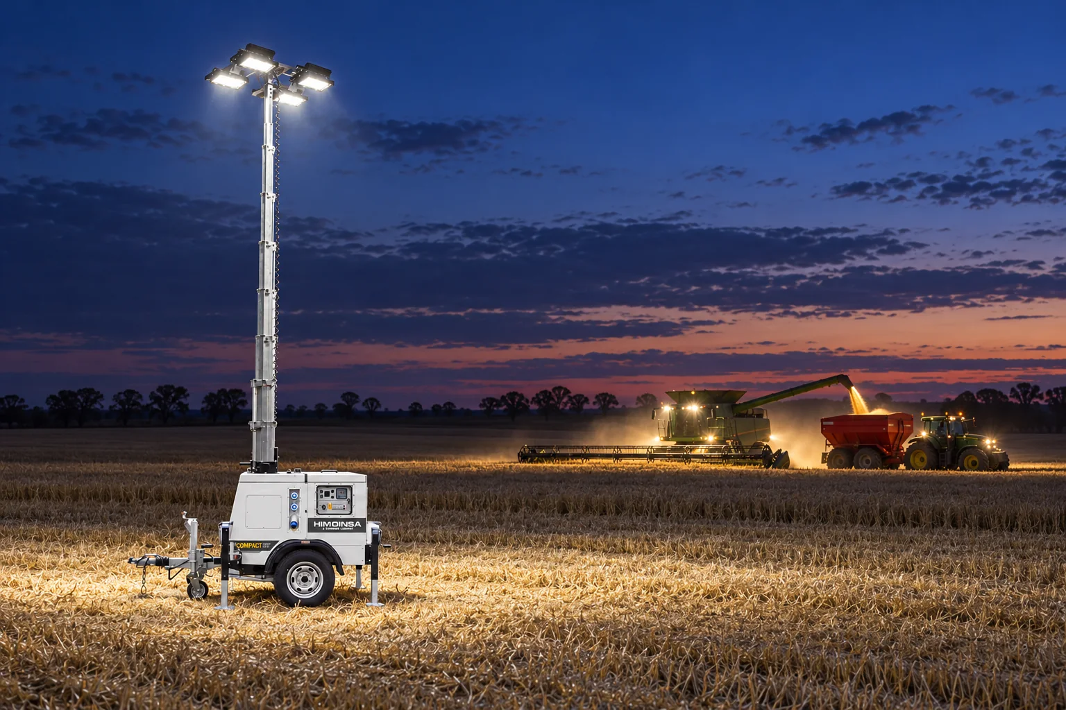 Himoinsa Apolo Compact LED Lighting Tower Lighting a Night Grain Harvest on the Darling Downs