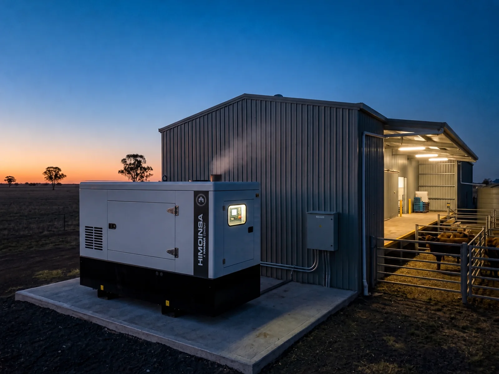 Himoinsa Silenced Diesel Generator Running as Standby Power Beside a Lit Cold Store and Cattle Yards at Dusk