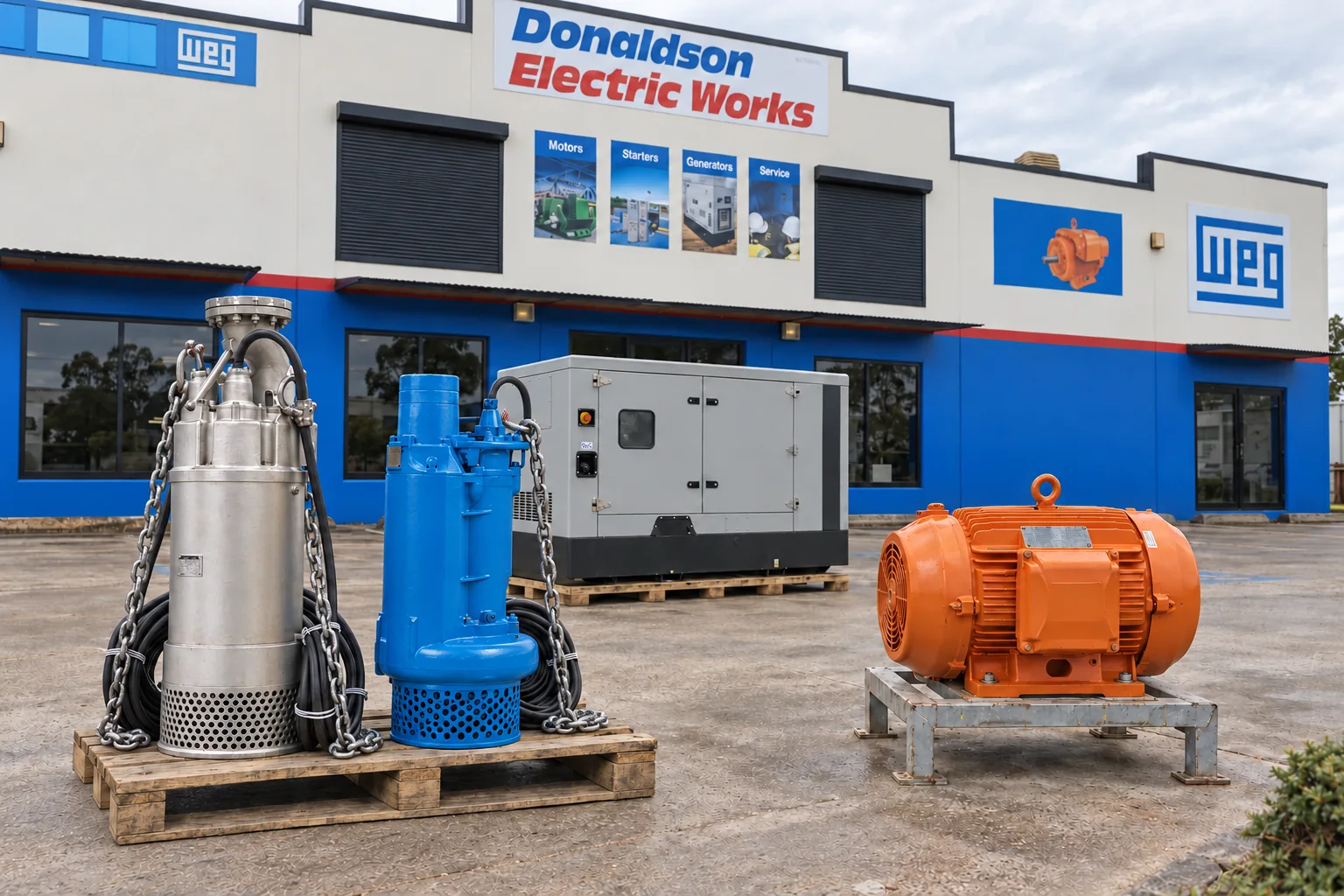 Two Large Tsurumi Submersible Pumps on a Pallet Outside Donaldson Electric Works With a Generator and an Orange WEG Motor