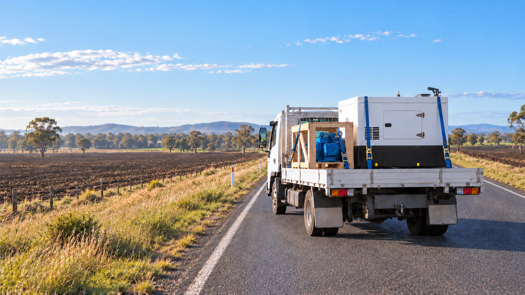 Tray Truck Carrying a Crated Electric Motor and a Silenced Generator Along a Darling Downs Highway