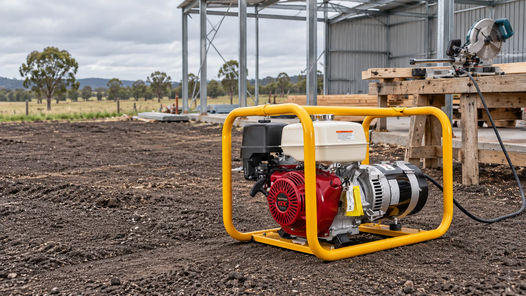 Powerlite Roll-Frame Portable Generator Running Power Tools at a Darling Downs Shed Build