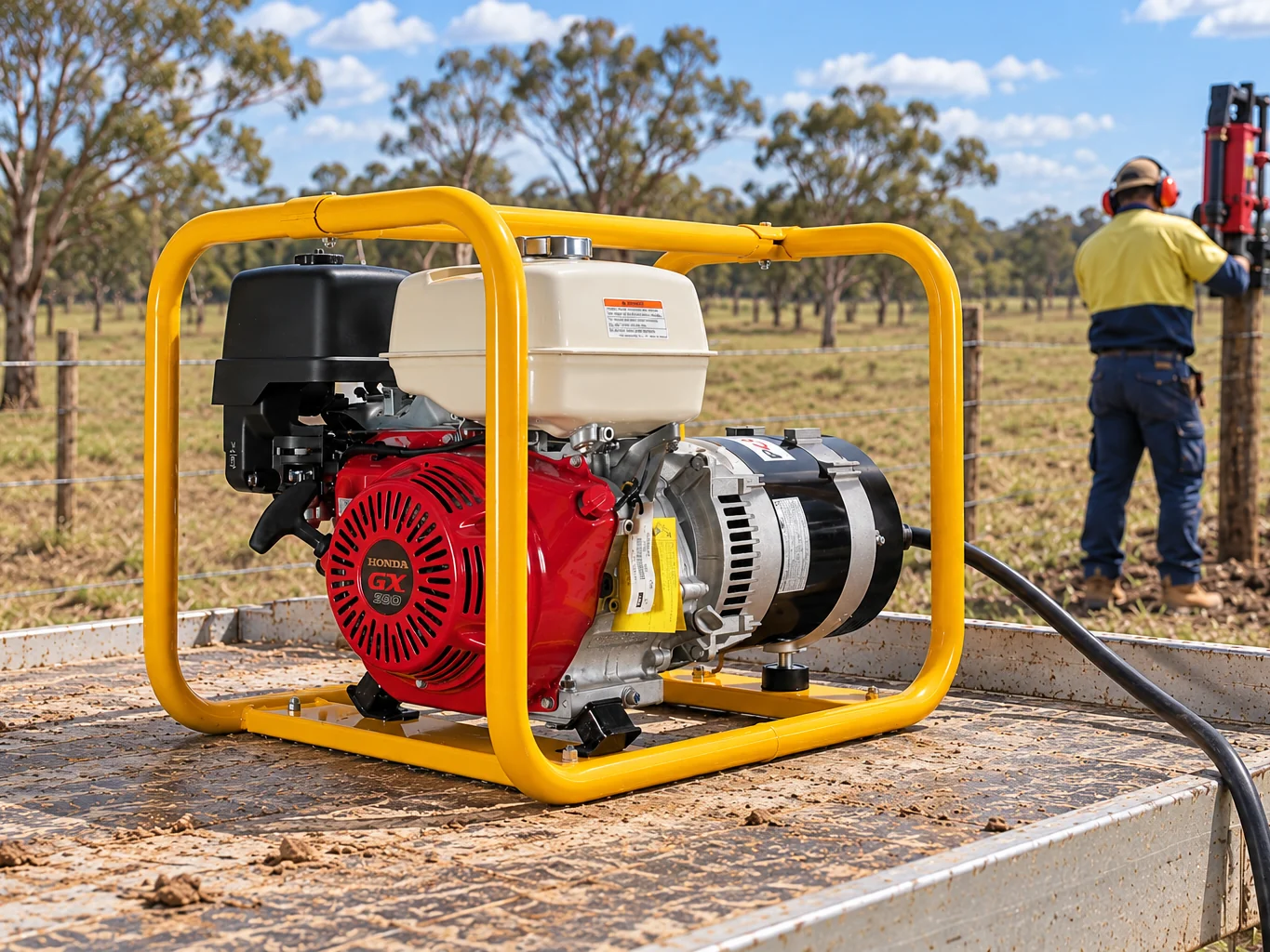 Powerlite Roll-Frame Generator on a Ute Tray Powering a Fencing Contractor's Post Driver