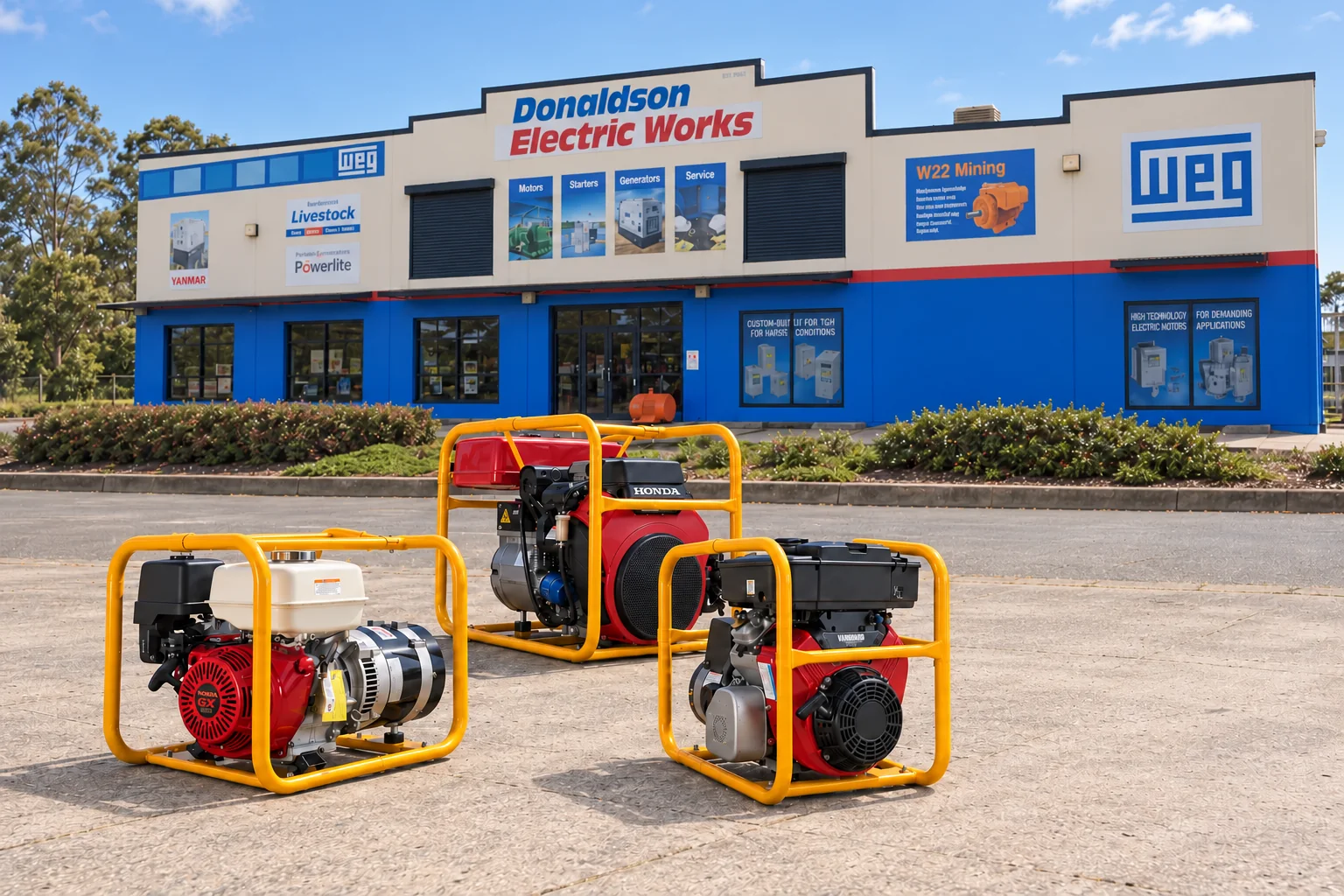 Three Powerlite Roll-Frame Portable Generators Lined Up Outside the Donaldson Electric Works Shop in Toowoomba