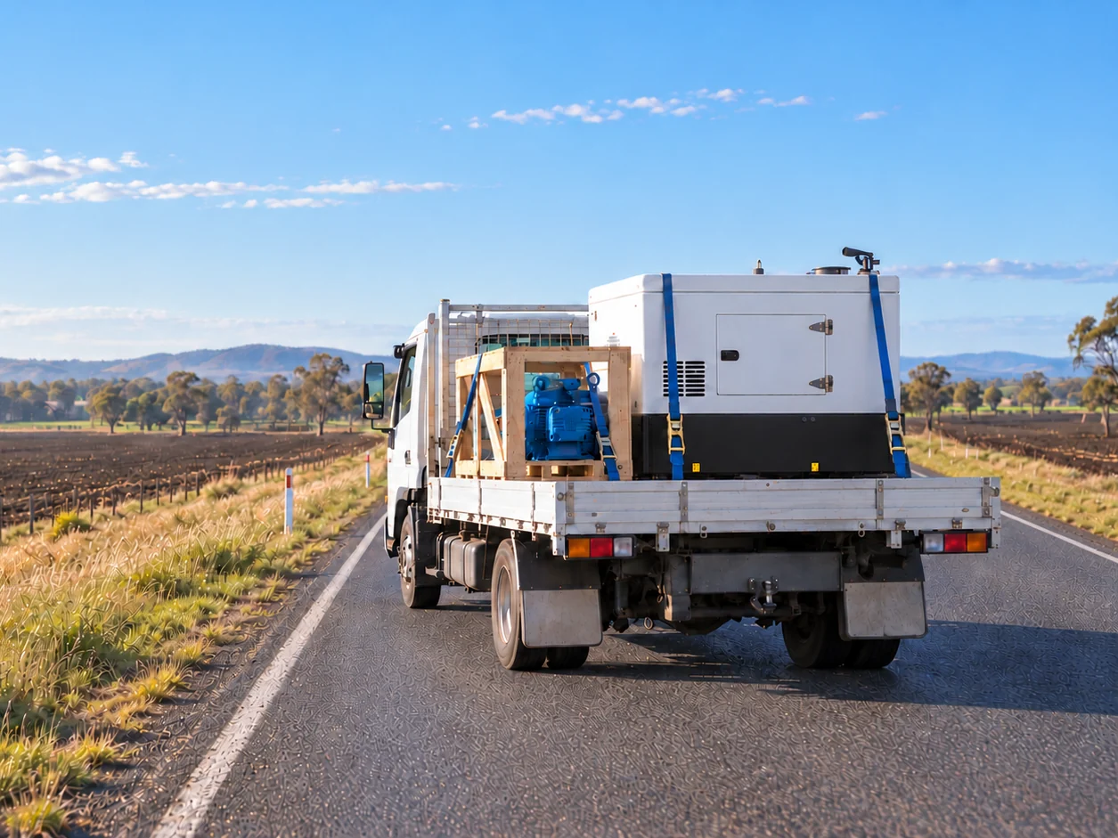 Truck Carrying an Electric Motor and a Silenced Generator Along a Darling Downs Highway