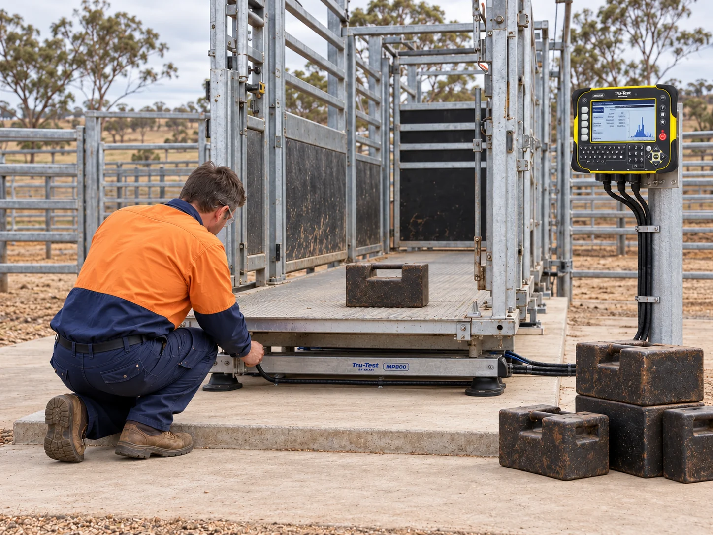 Technician Calibrating a Tru-Test Livestock Weigh System With Test Weights at Cattle Yards
