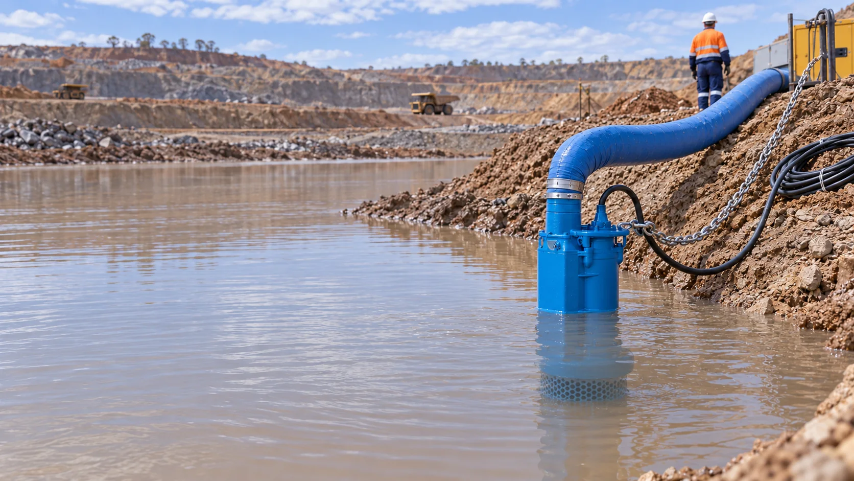 Large Blue Tsurumi Submersible Dewatering Pump Standing in a Flooded Mine Pit With Its Discharge Hose Running Up the Bank