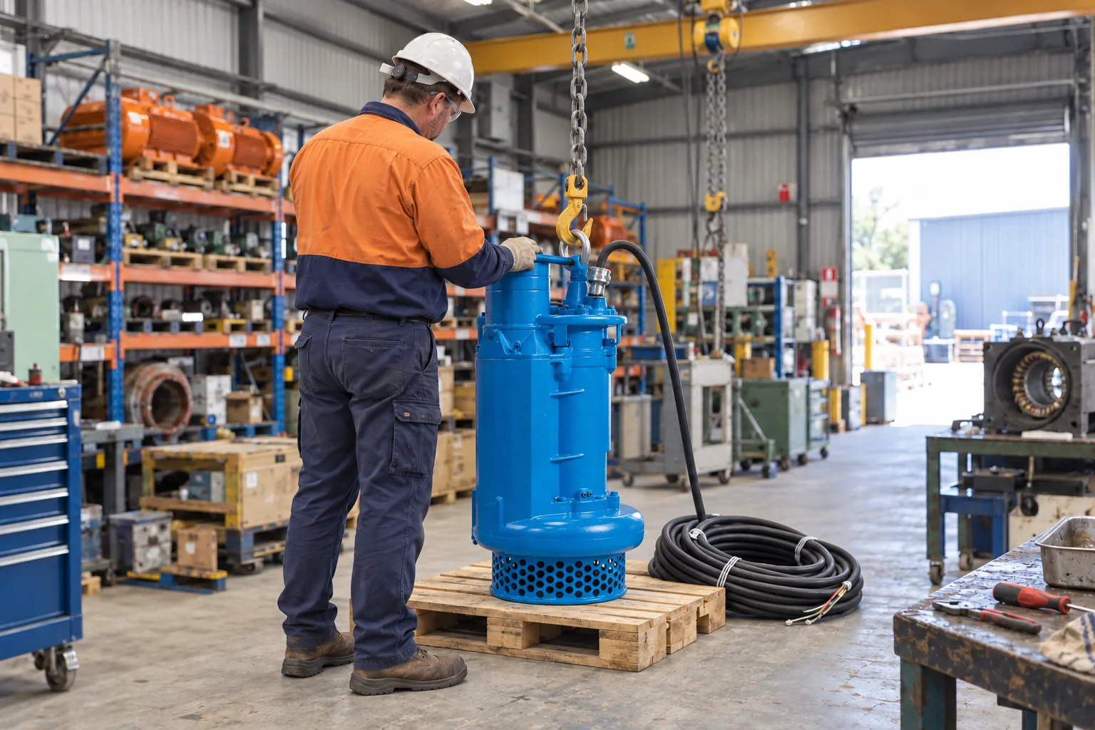 Technician Inspecting a Chest-High Tsurumi Submersible Pump on a Pallet Under a Chain Hoist