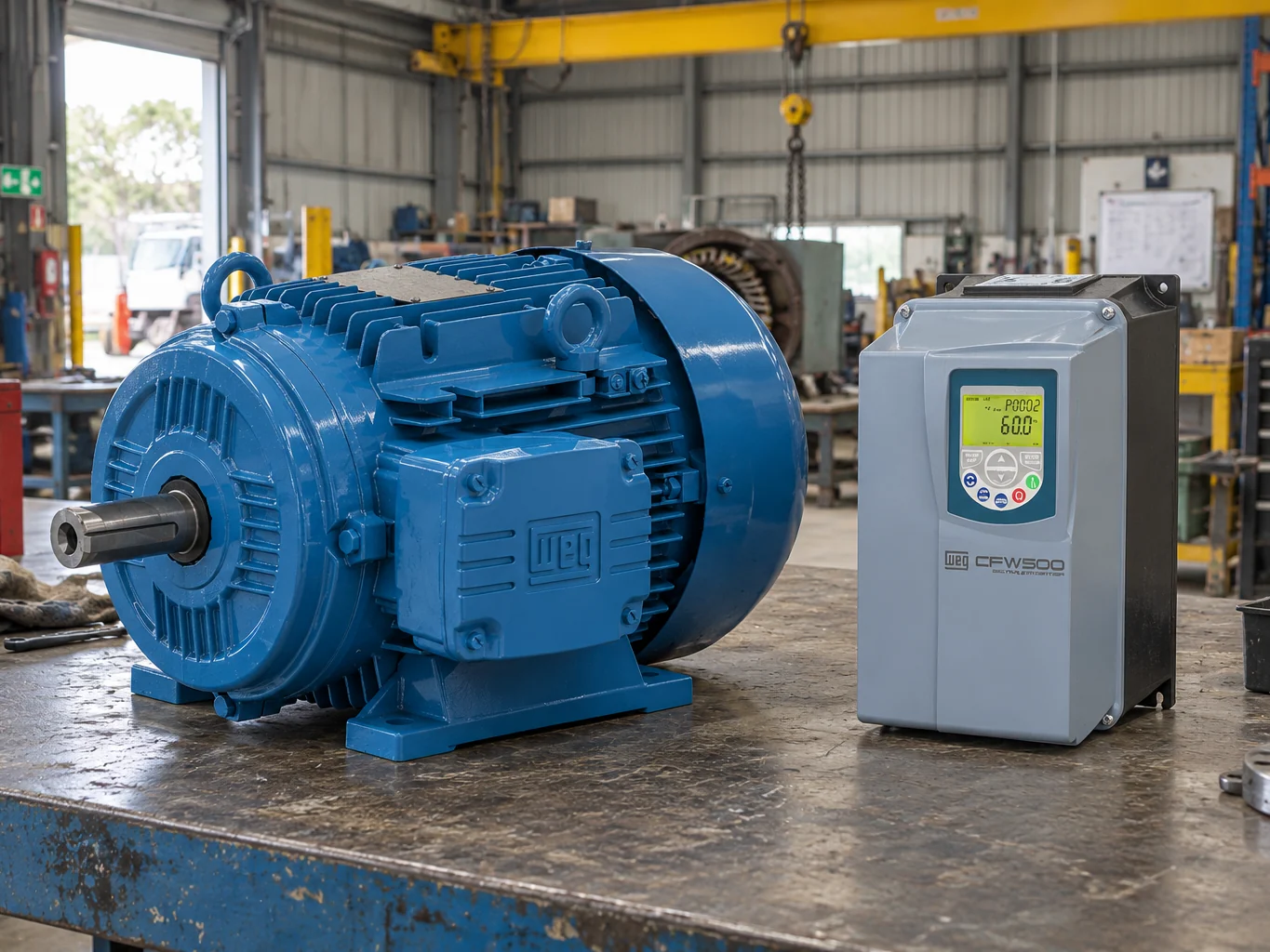 WEG CFW500 Variable Speed Drive Beside a Blue WEG W22 Motor on the Workshop Bench