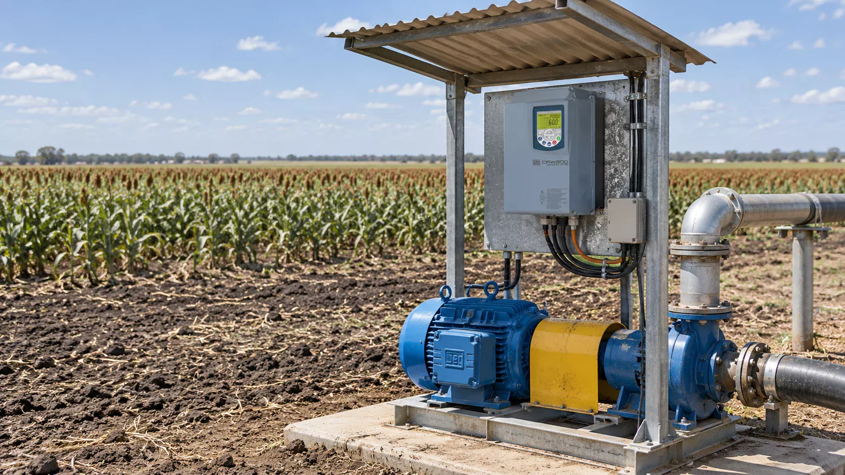 WEG CFW500 Drive Controlling a WEG Motor and Irrigation Pump Beside a Darling Downs Crop