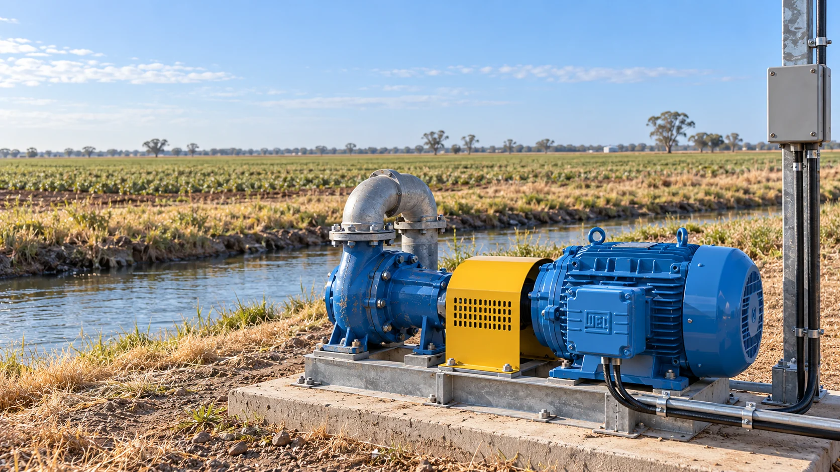 Blue WEG Electric Motor Driving an Irrigation Pump Beside a Darling Downs Channel