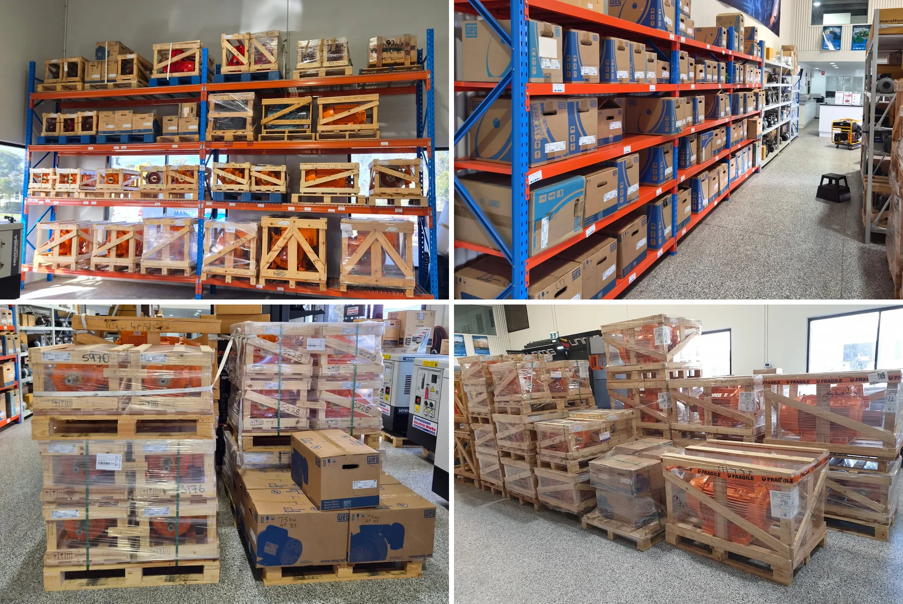 WEG Electric Motors in Stock at Donaldson Electric Works in Toowoomba: Crated Motors on Pallet Racking, Boxed Motors on Shelving and Pallets of Orange WEG W22 Mining Motors