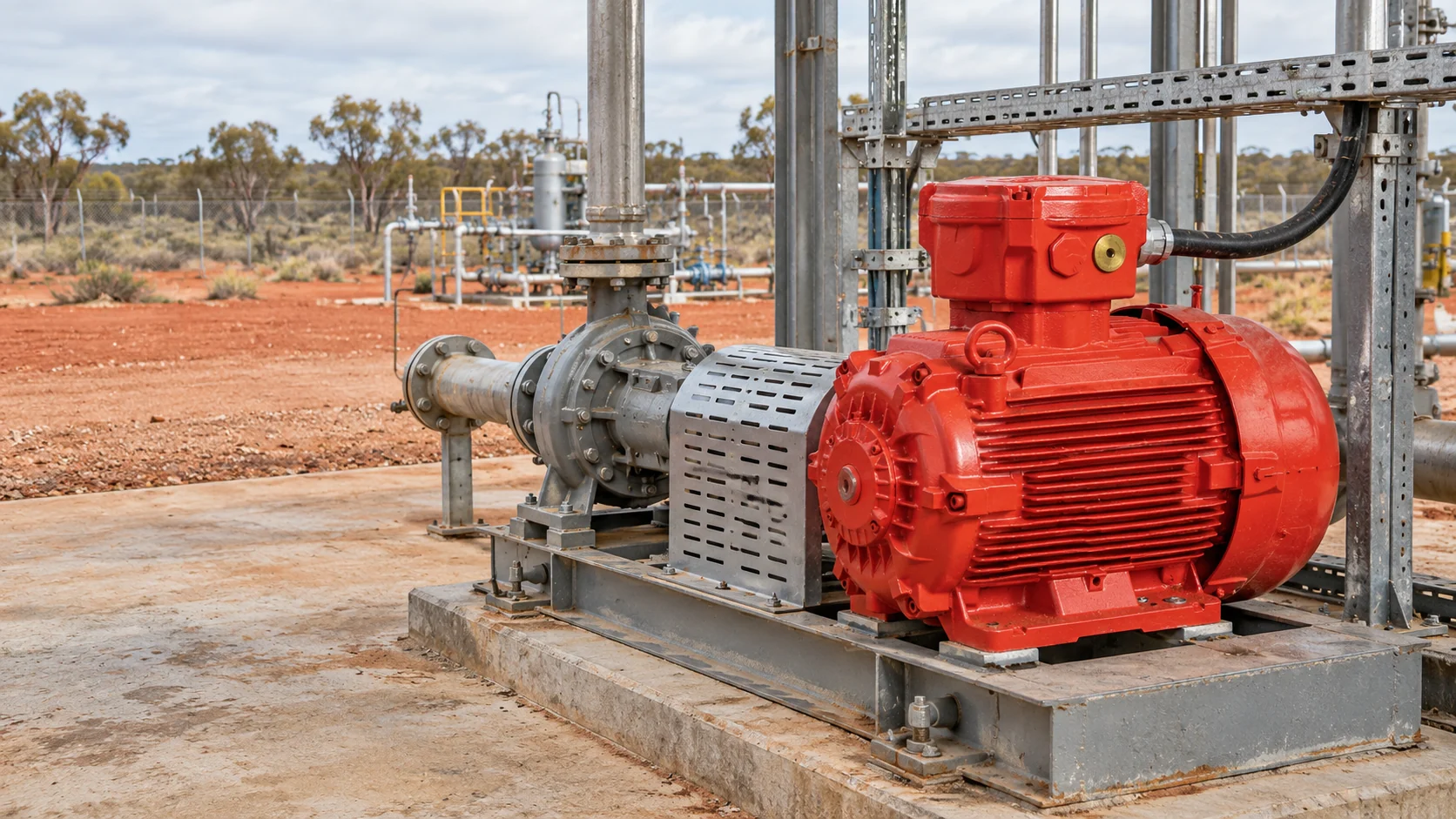 Red WEG Flameproof Motor Driving a Pump Skid at a Surat Basin Gas Facility