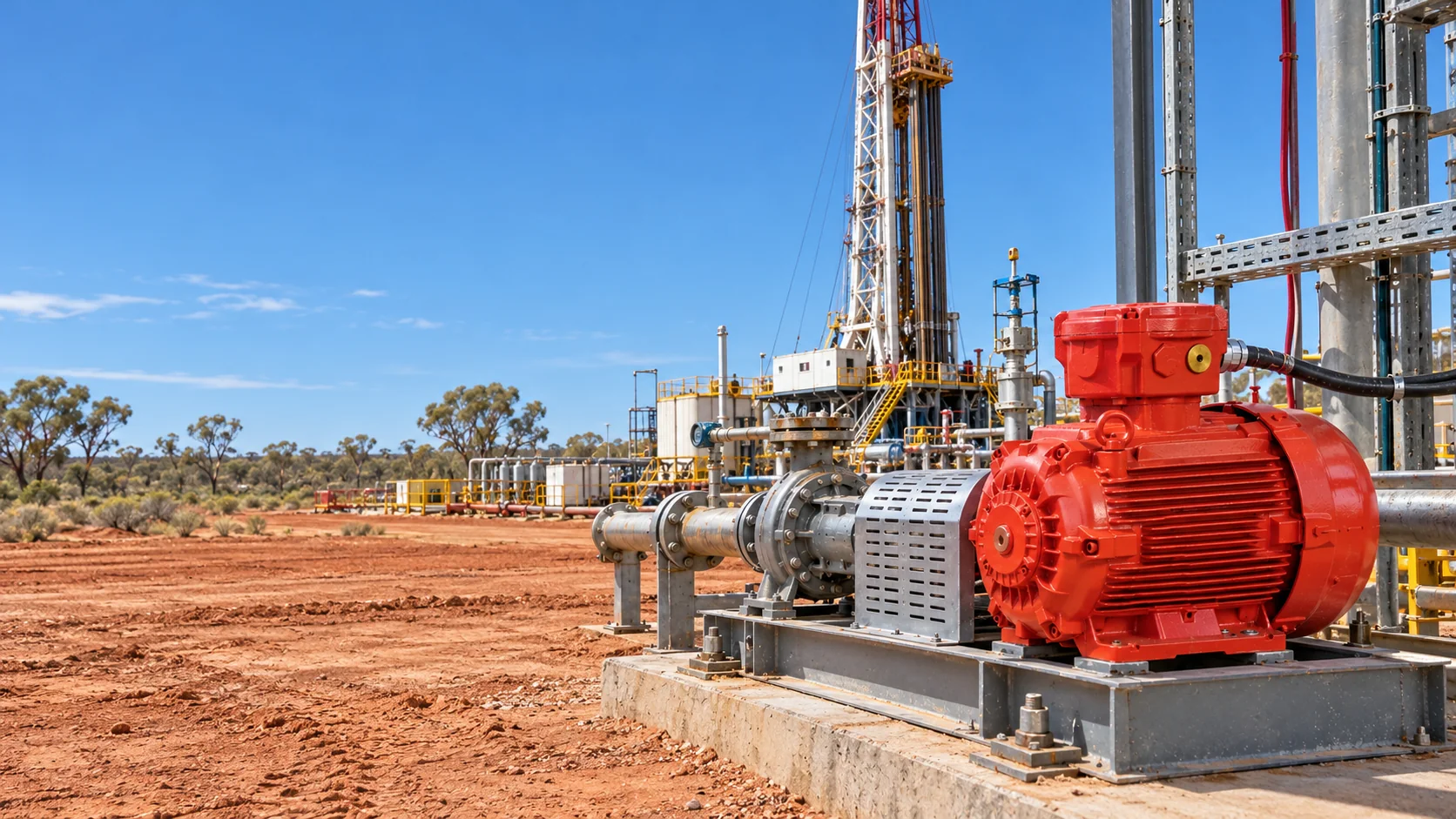 Red WEG W22 Ex db Flameproof Motor Driving a Pump on a Skid at a Surat Basin Gas Rig Site