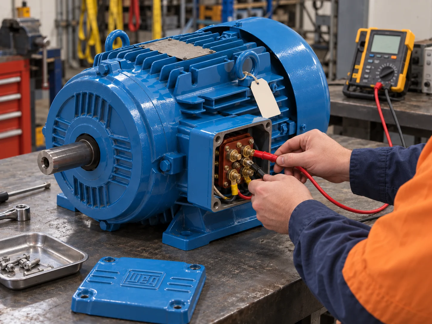 Technician Connecting Test Leads to a WEG Motor With a Warranty Tag on the Workshop Bench