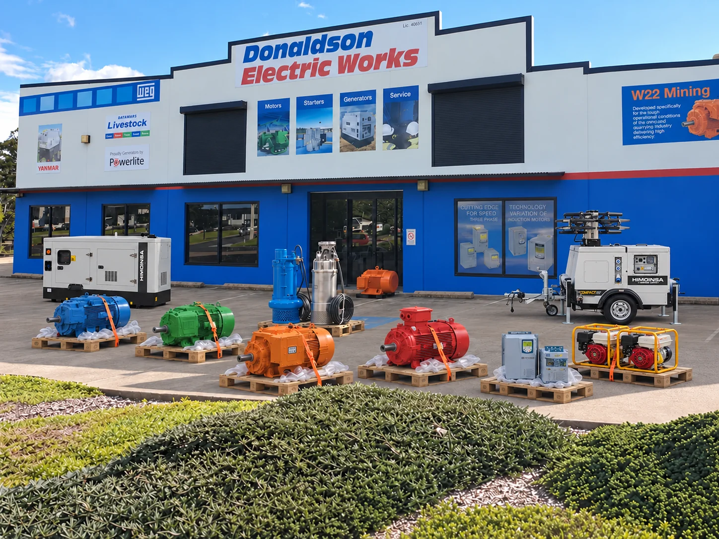 WEG Electric Motors, a Himoinsa Generator and Lighting Tower, Powerlite Portable Generators, Tsurumi Pumps and a WEG Drive and Soft Starter Outside Donaldson Electric Works in Toowoomba