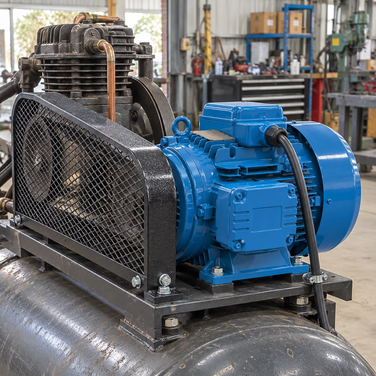 Blue WEG Single Phase Electric Motor Driving a Workshop Air Compressor
