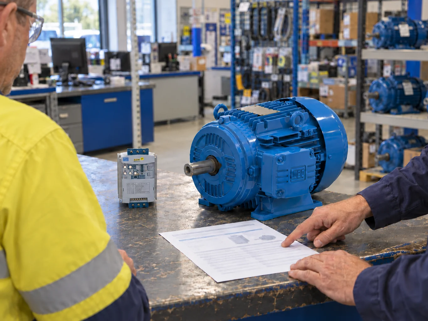 Electrician at the Trade Counter With a WEG SSW07 Soft Starter, a WEG Motor and a Spec Sheet