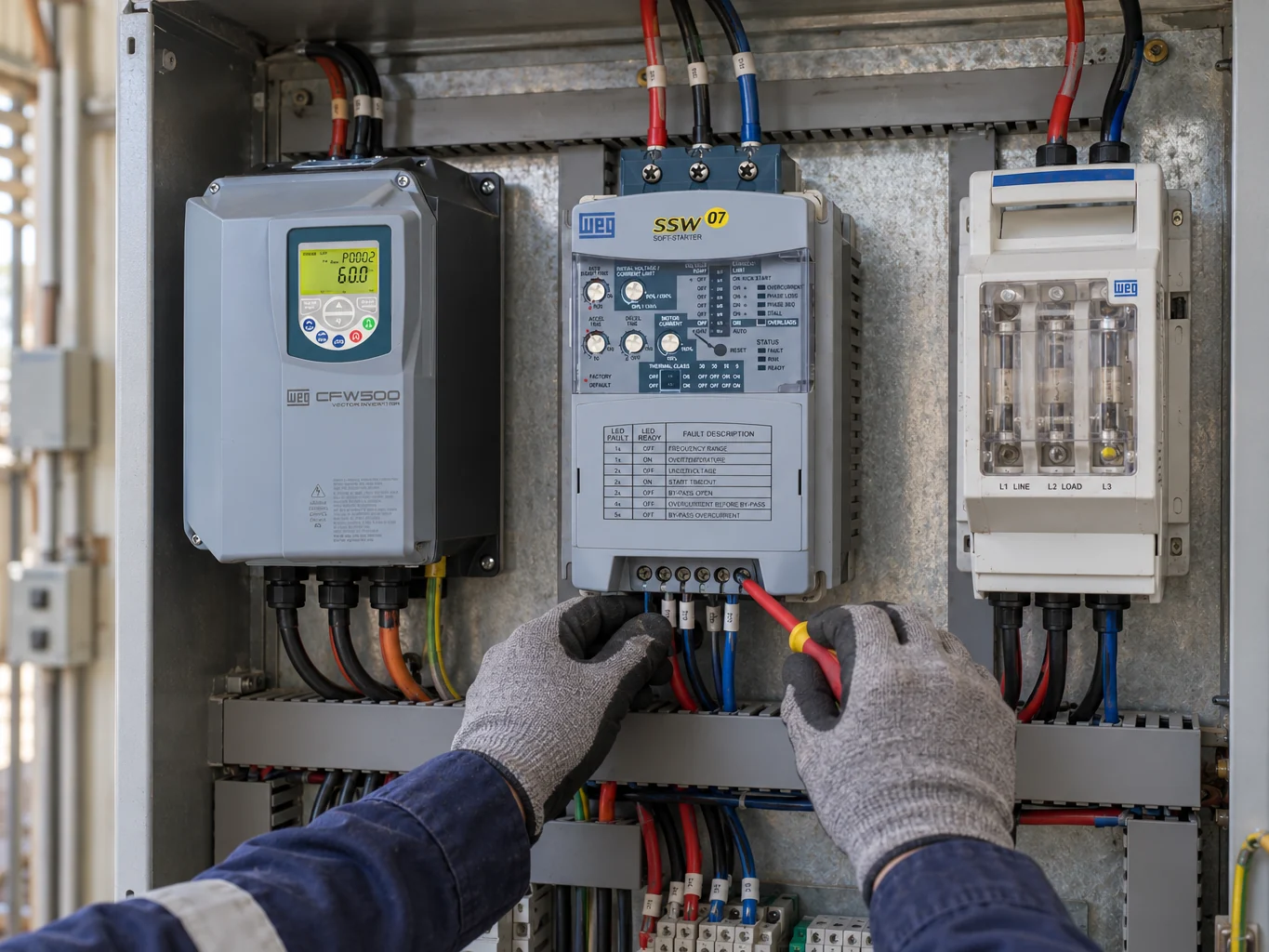 Electrician Wiring a WEG SSW07 Soft Starter Beside a CFW500 Drive and Fuse Switch