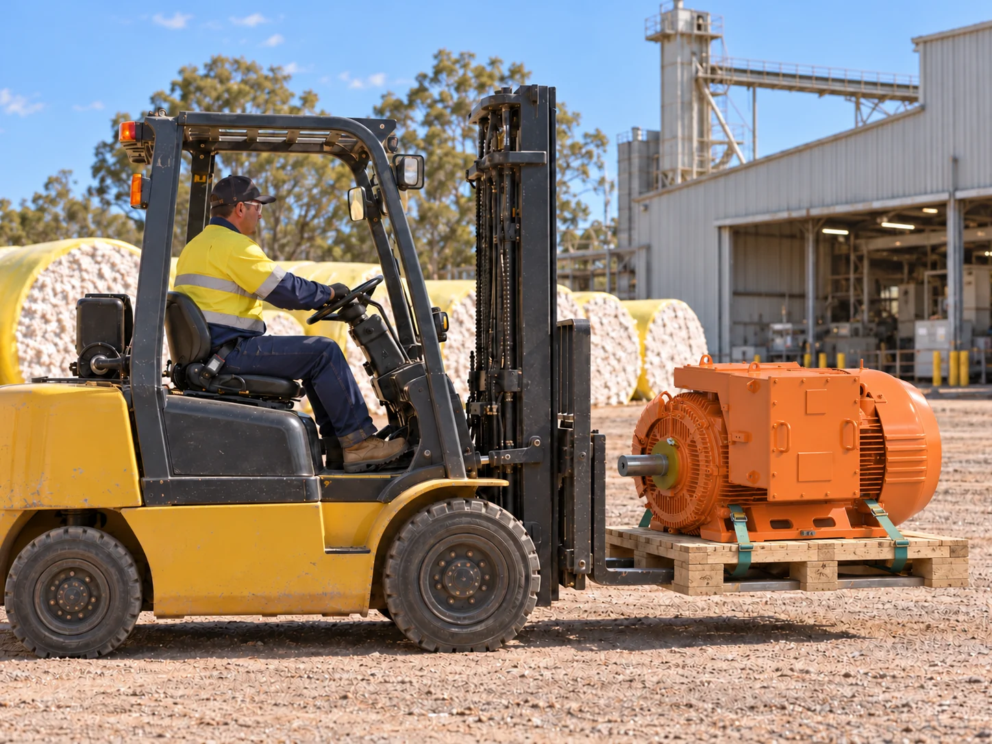 Forklift Carrying an Orange 110 kW WEG W22 Mining Motor on a Pallet at a Queensland Cotton Gin