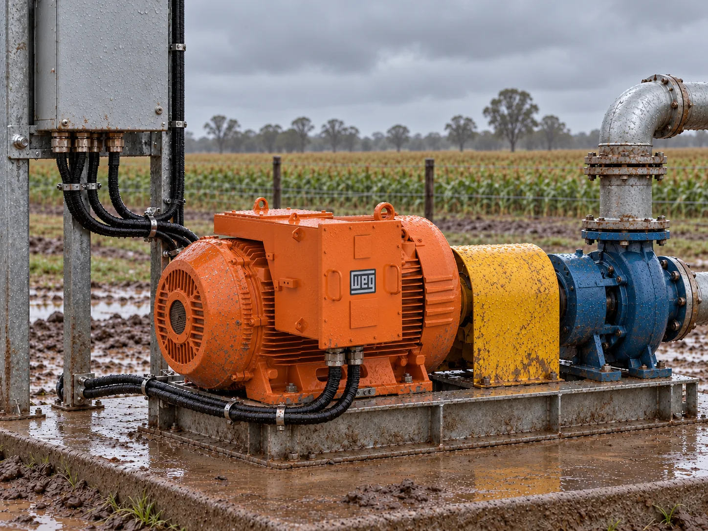 Mud-Splashed Orange WEG W22 Mining Mine-Spec Electric Motor Running a Bore Pump in the Rain