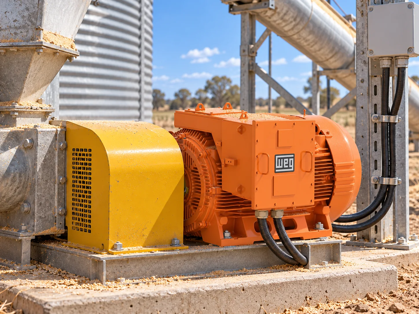 Orange WEG W22 Mining Mine-Spec Electric Motor Driving a Grain Auger Beside a Silo, Dusted With Grain