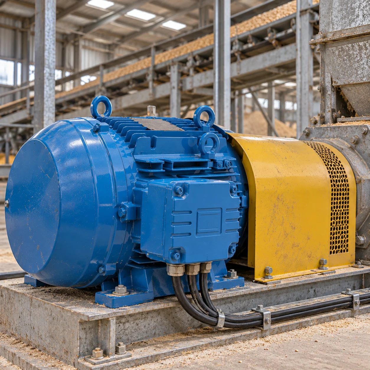 Blue WEG W22 Three Phase Electric Motor Driving a Conveyor in a Processing Shed